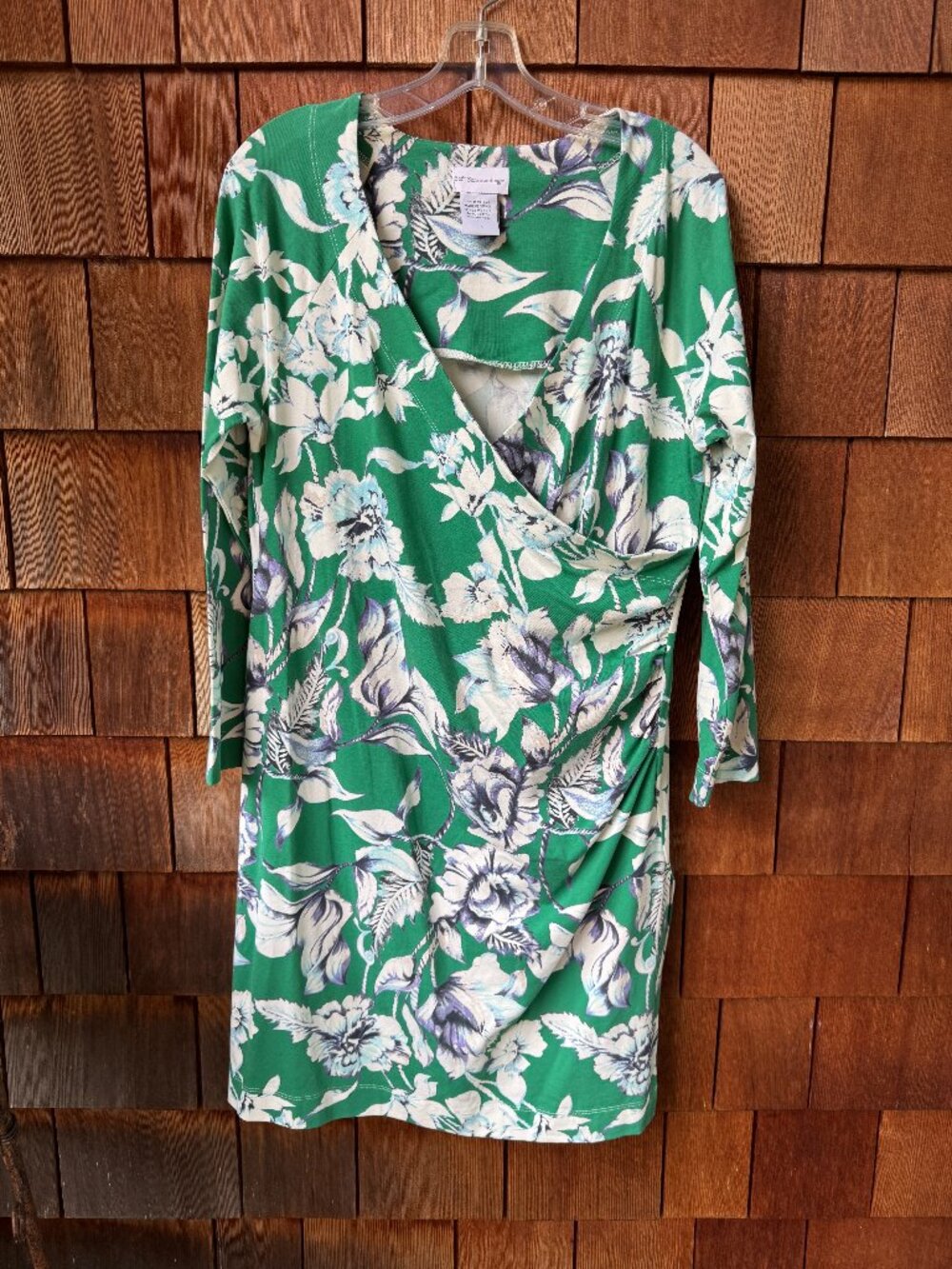 Soft Surroundings Cross Over Front Dress Green White Floral Stretch in PLarge